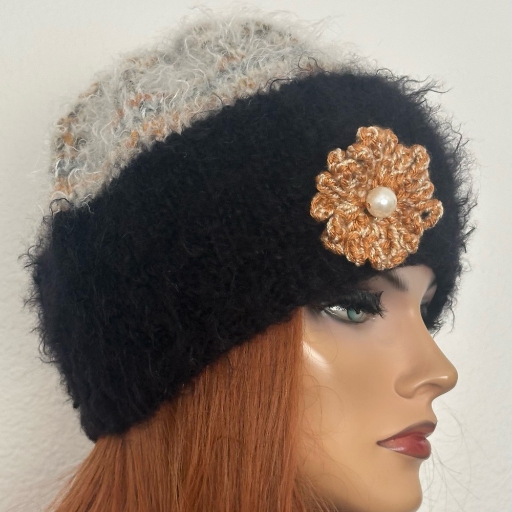 Hand Knits 2 Love Winter Hat Beanie Mohair Look Flower Pearls Designer Fashion - Picture 4 of 11